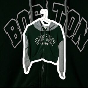 Cropped Boston 1998 Zip Hoodie – Forest Green & Gray, Size M